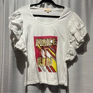 White Tee with Ruffled Sleeves and Sequined Graphic